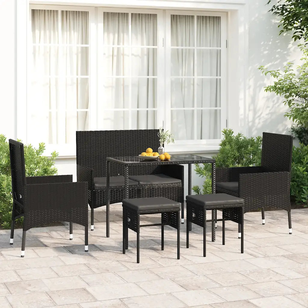 Set da giardino in polyrattan nero: tavolo con sedie e sgabelli con cuscini