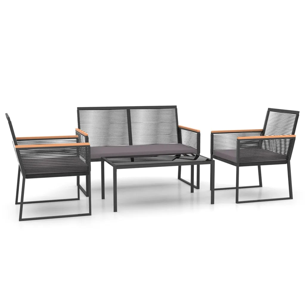Set da giardino con tavolo e 3 sedute: struttura nera, cuscini grigio scuro, schienali a griglia