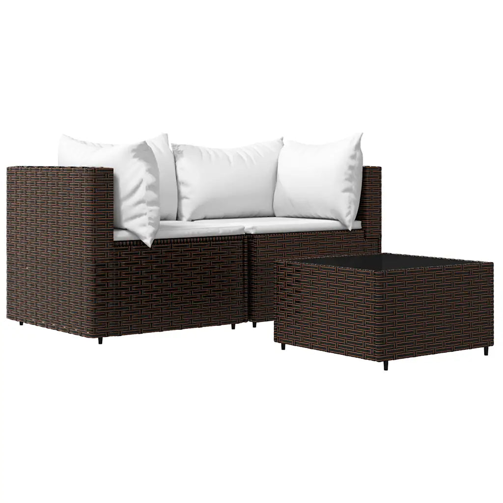 Set divano angolare in polyrattan marrone con cuscini bianchi e seduta estraibile