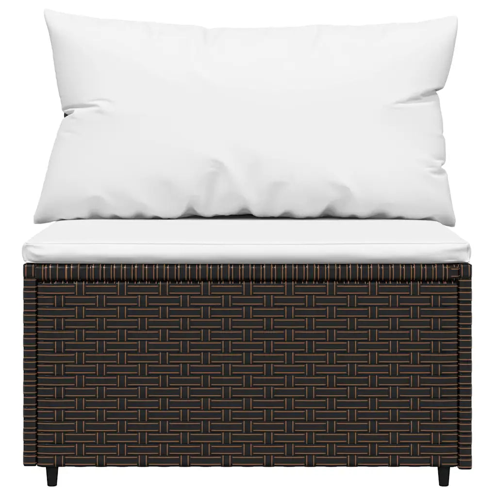 Set divano angolare in polyrattan marrone con cuscini bianchi imbottiti
