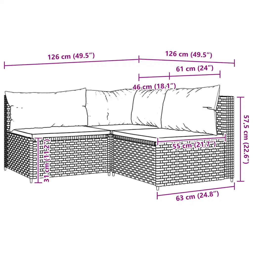 Schema dimensioni del divano angolare in polyrattan marrone con cuscini bianchi
