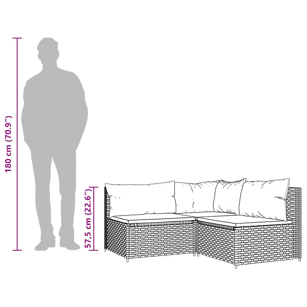Schema dimensioni con sagoma umana del divano angolare in polyrattan marrone