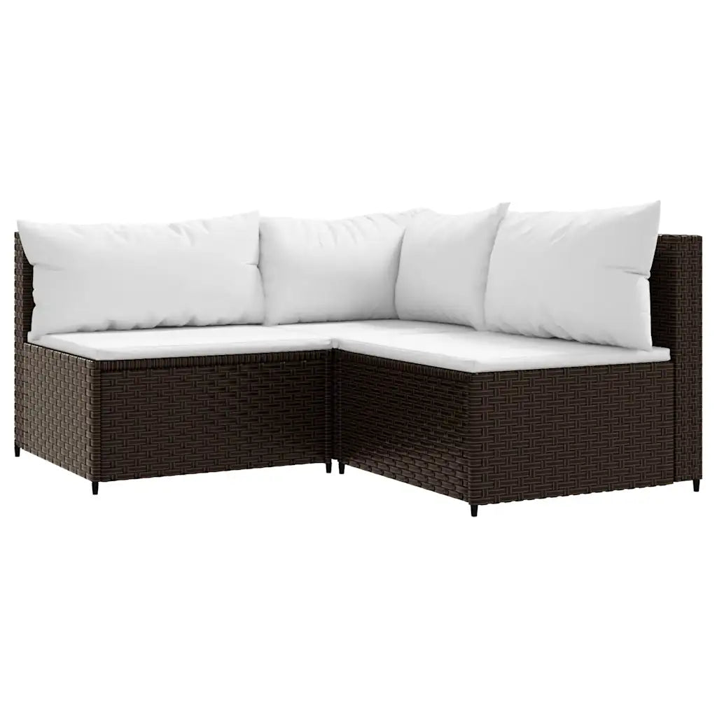 Divano angolare per esterno in polyrattan marrone scuro con cuscini bianchi spessi