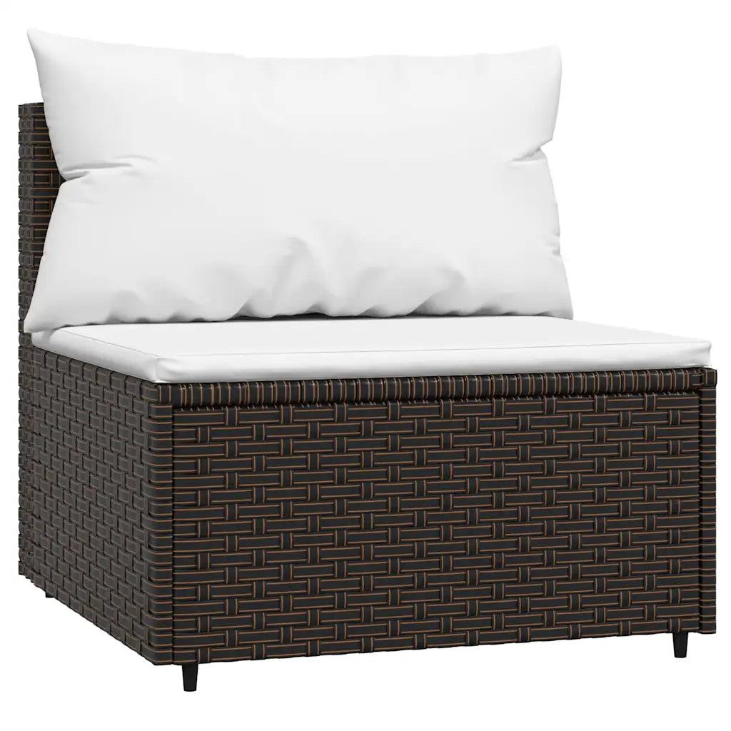 Pouf/cubetto da divano in polyrattan scuro con cuscino bianco e bordi in tessitura