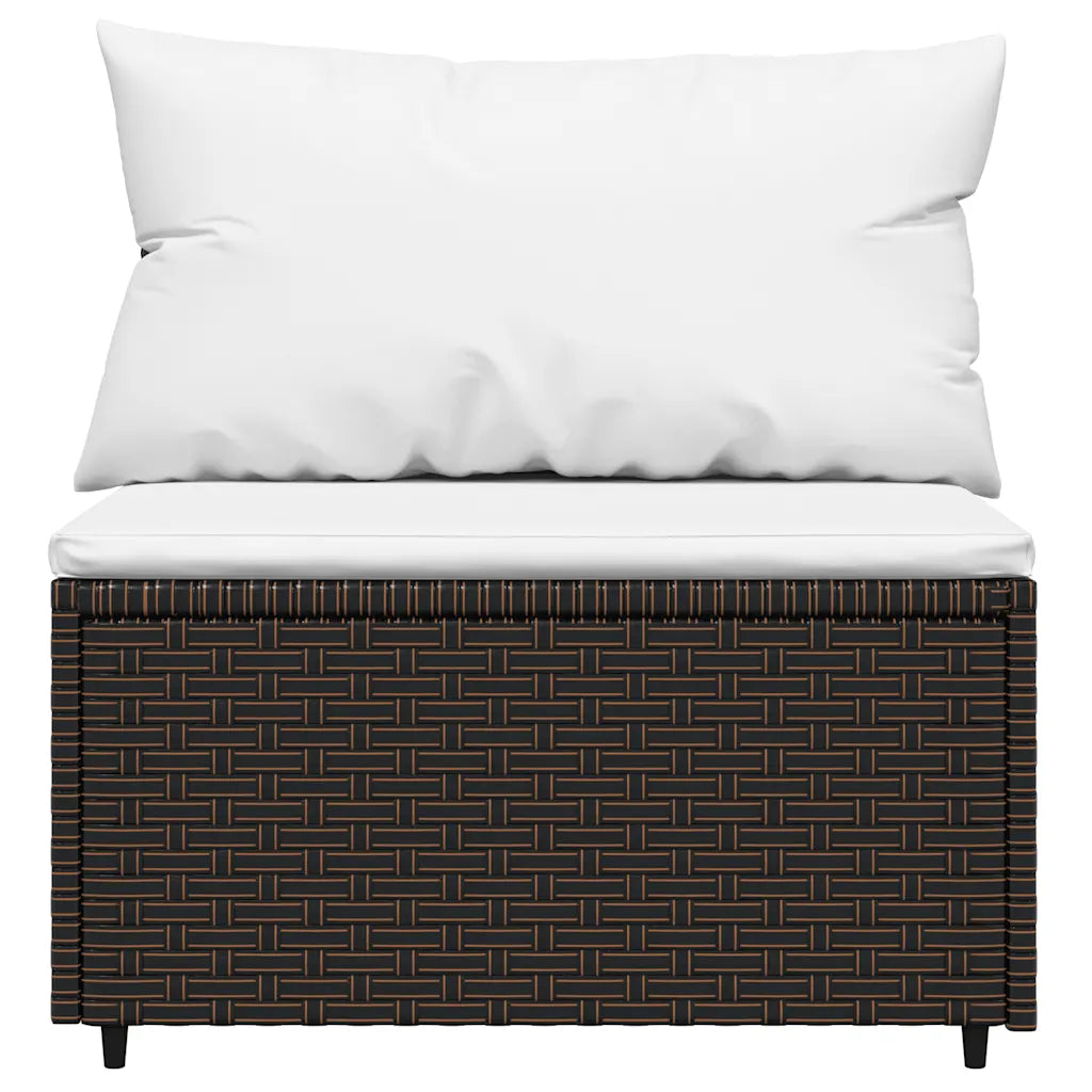 Pouf rettangolare in polyrattan scuro con cuscino bianco e motivo intrecciato