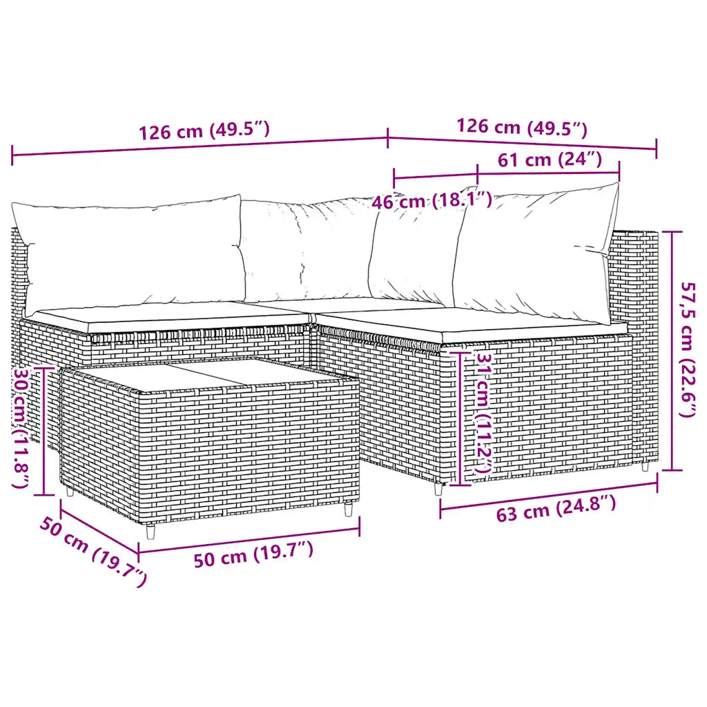 Schema dimensioni del set divano da esterno in polyrattan marrone, con misure in cm