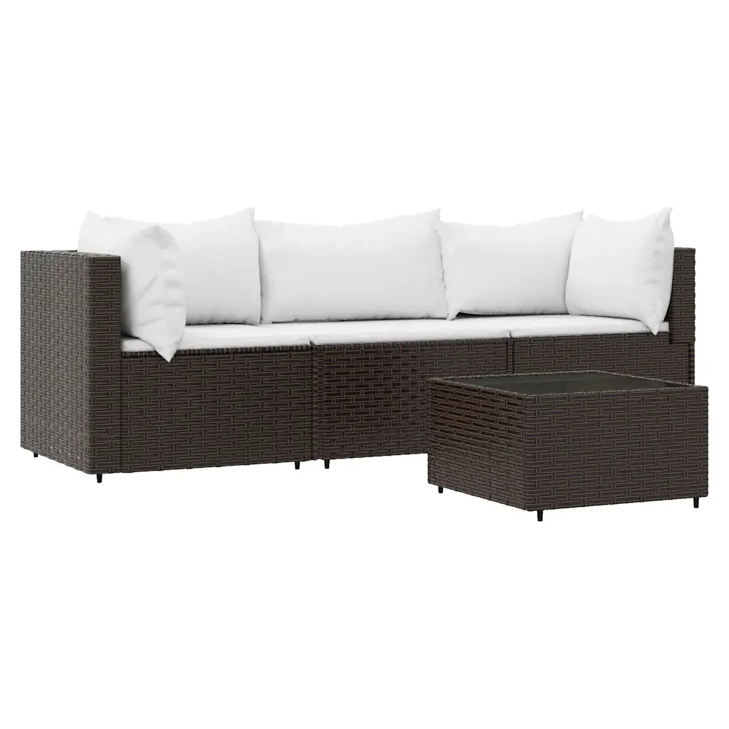 Set 4 pezzi da giardino in polyrattan marrone con cuscini bianchi e tavolino