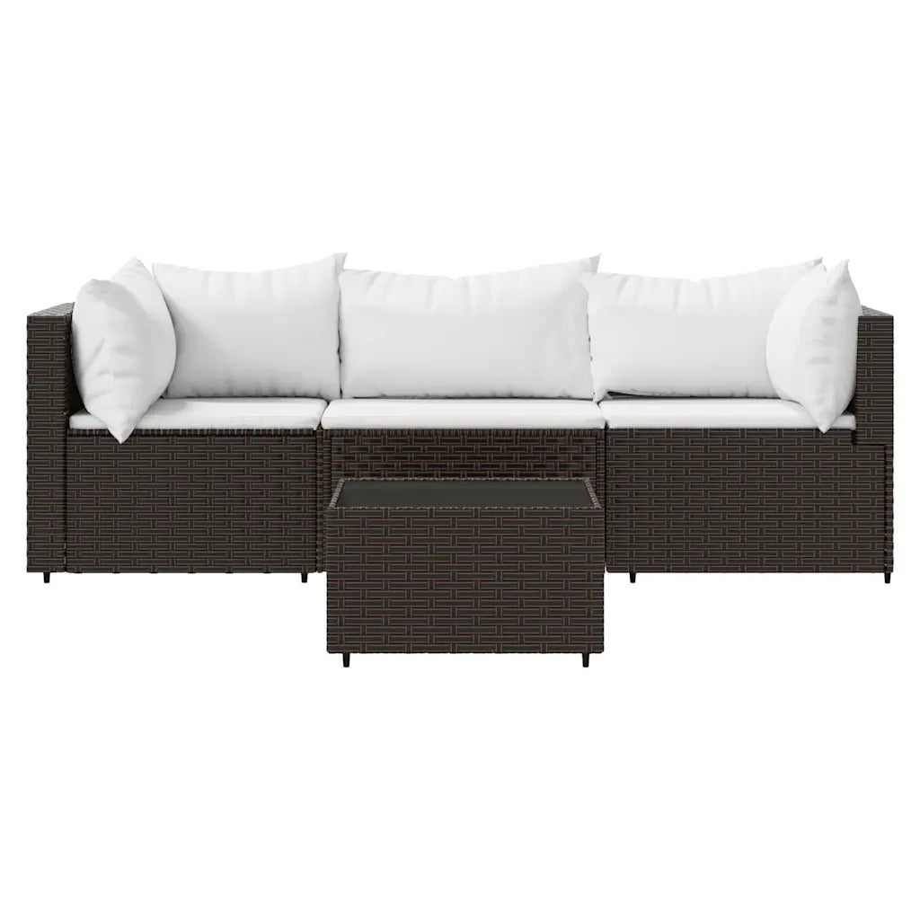 Set salotto da esterno in polyrattan marrone con cuscini bianchi e piano vetro