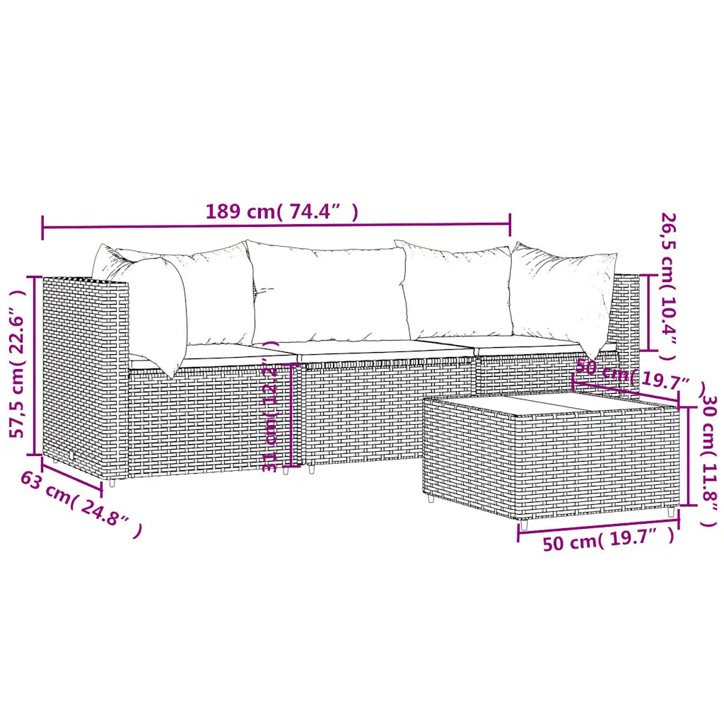 Set da giardino polyrattan marrone: schema misure con cuscini e tavolino