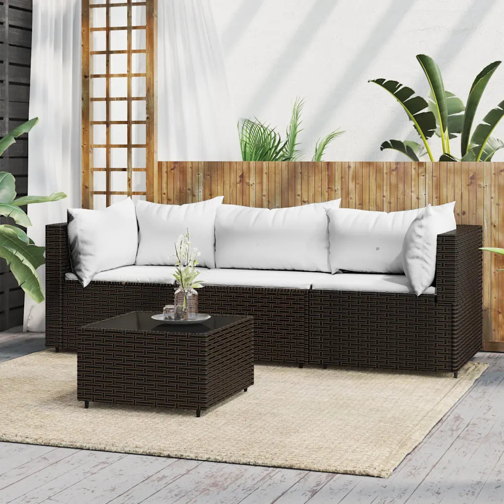 Set divano e tavolino da giardino in polyrattan marrone con cuscini bianchi