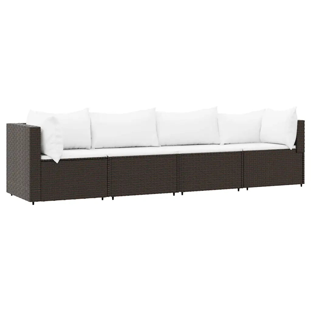 Set divano 4 posti in polyrattan marrone con cuscini bianchi, vista laterale