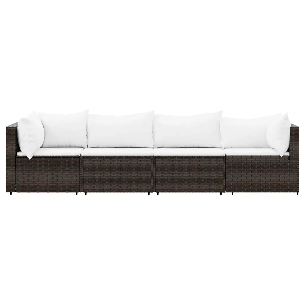 Divano da esterno 4 posti in polyrattan marrone con cuscini bianchi, vista frontale