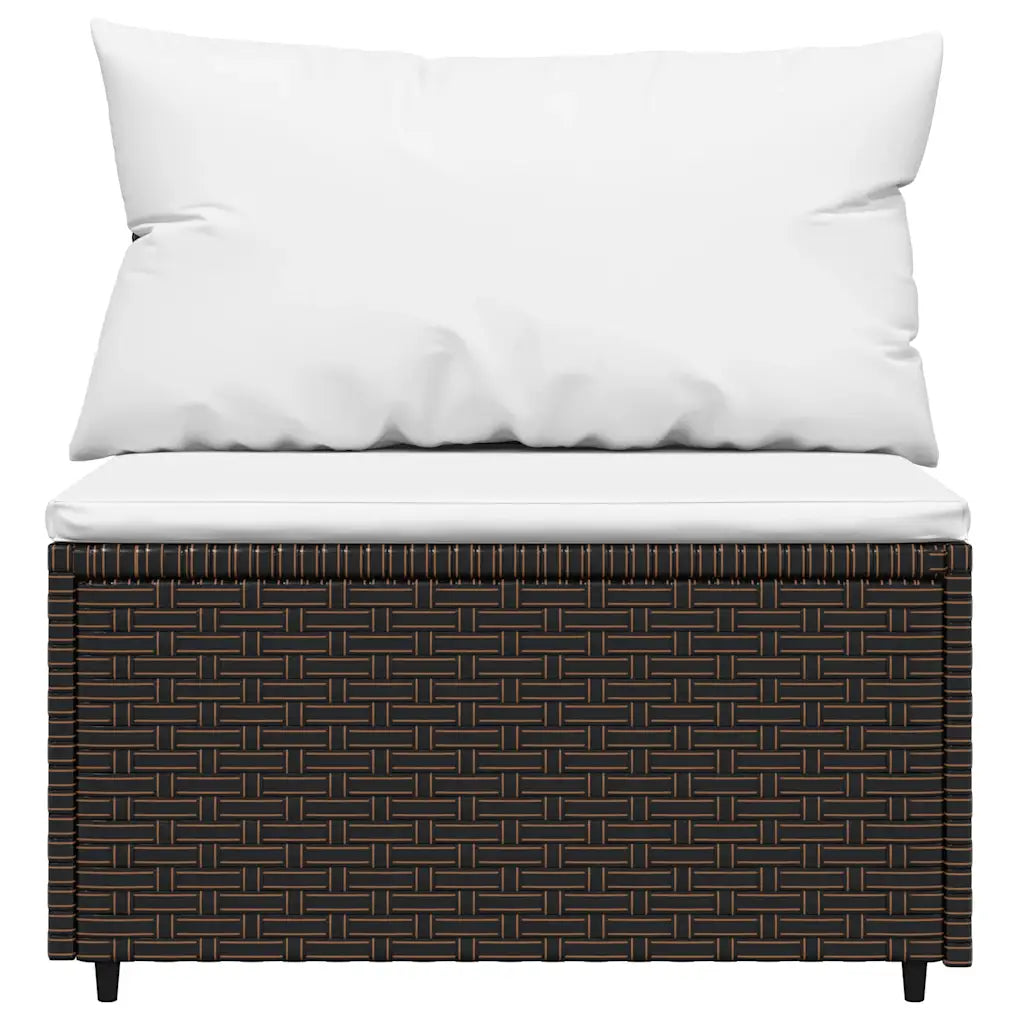 Pouf/modulo divano in polyrattan marrone con cuscini bianchi, piano imbottito