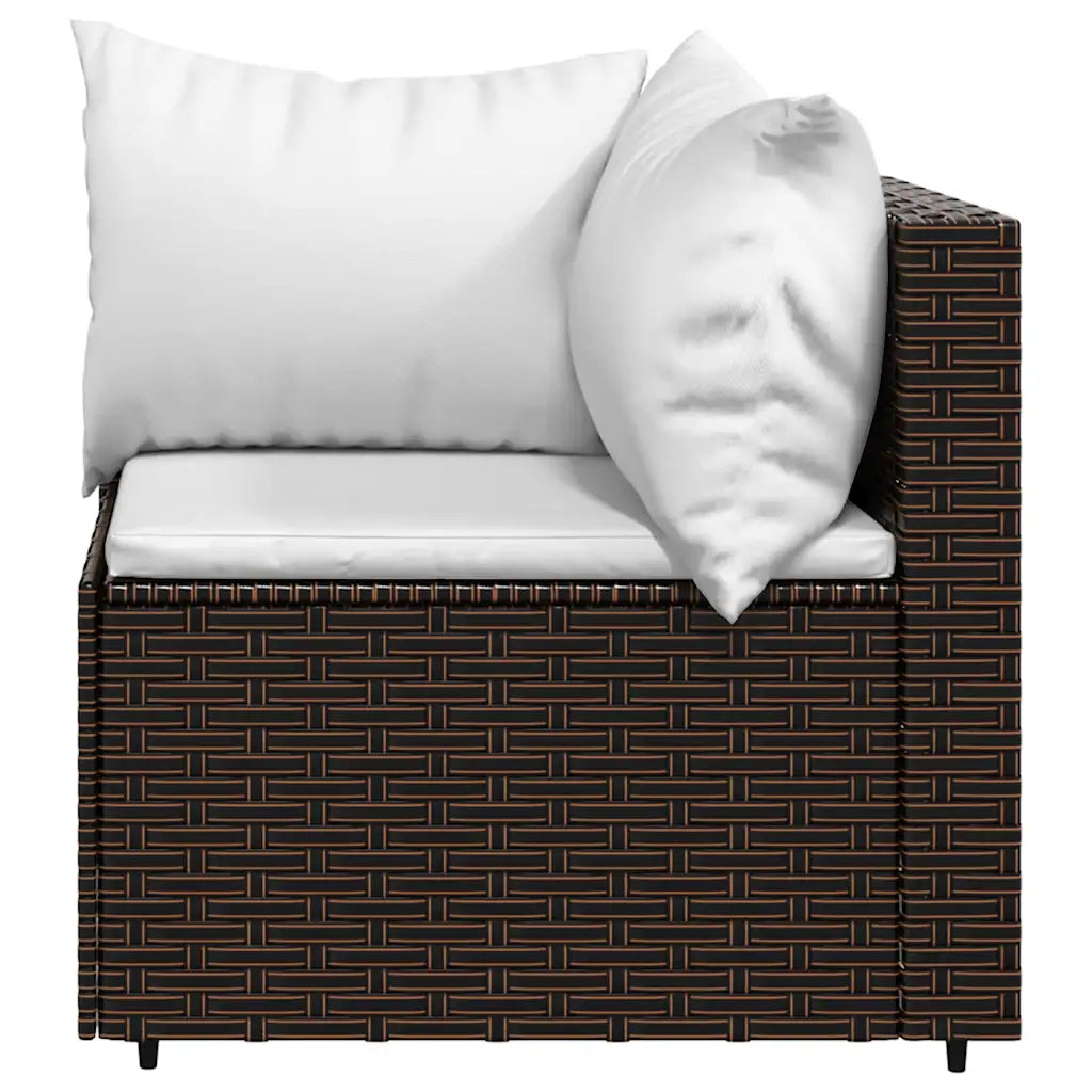 Divanetto in polyrattan marrone con cuscino bianco, angolo e base