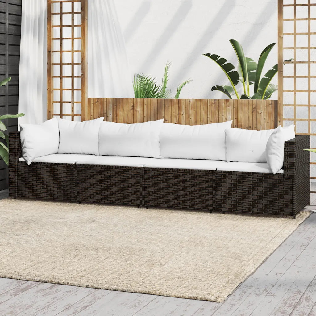 Divano da esterno in polyrattan marrone con cuscini bianchi, 4 posti