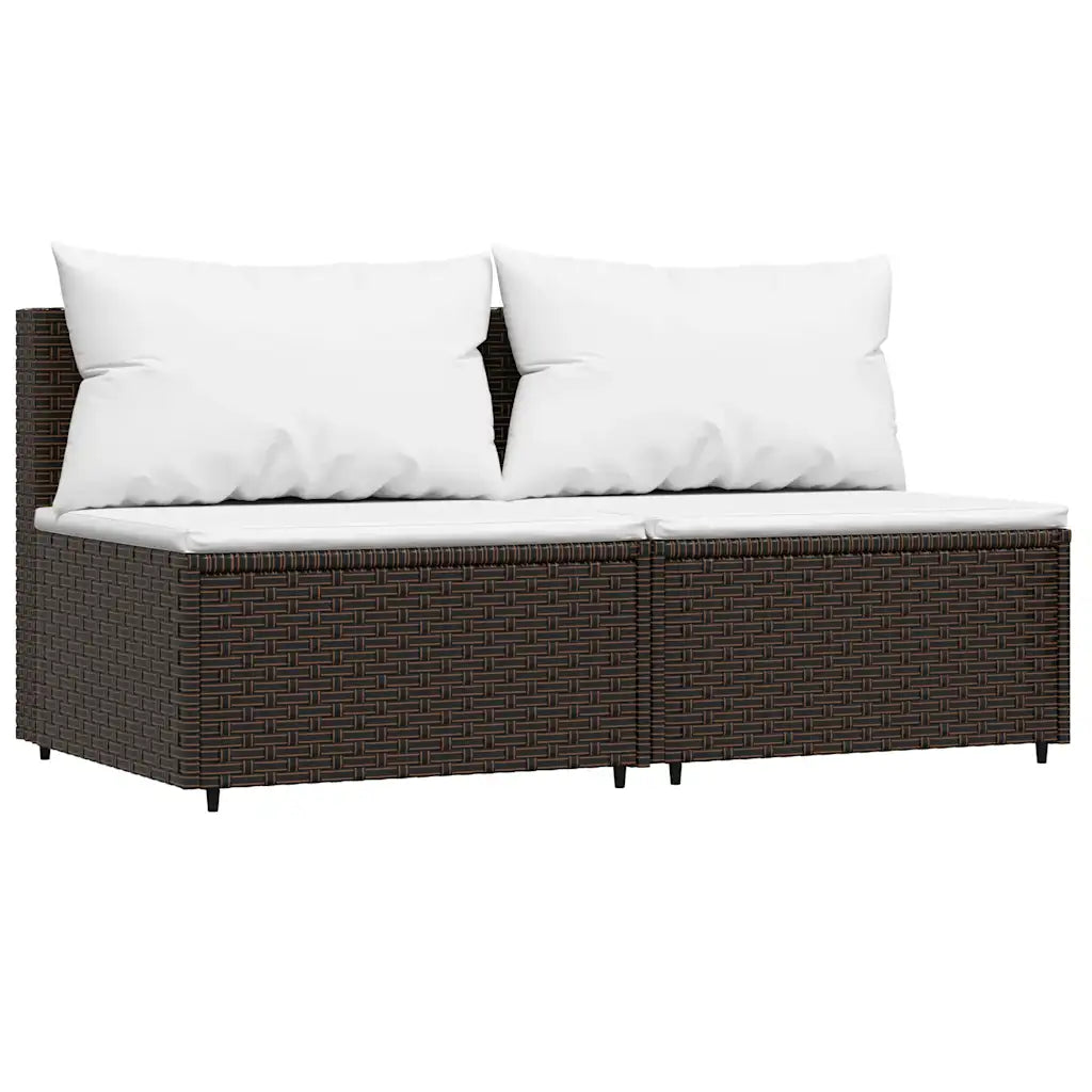 Divano da esterno in polyrattan marrone scuro con cuscini bianchi