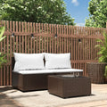 Set divano da esterno in polyrattan marrone scuro con cuscini bianchi