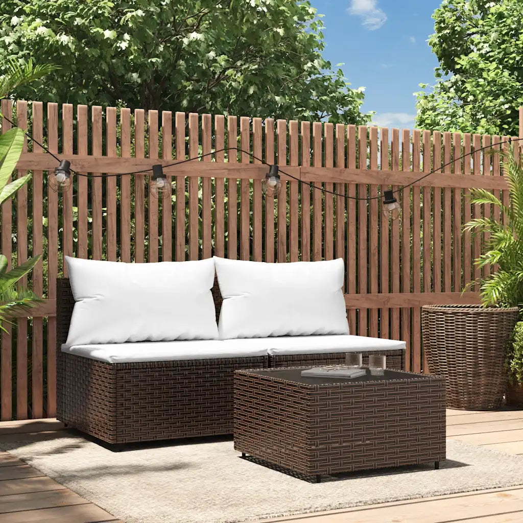 Set divano da esterno in polyrattan marrone scuro con cuscini bianchi