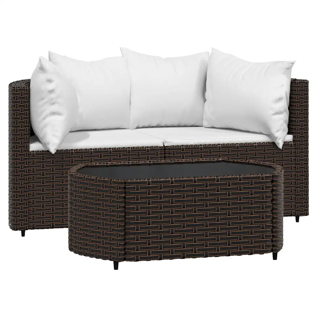Divano da esterno in polyrattan intrecciato marrone con cuscini bianchi e poggioli