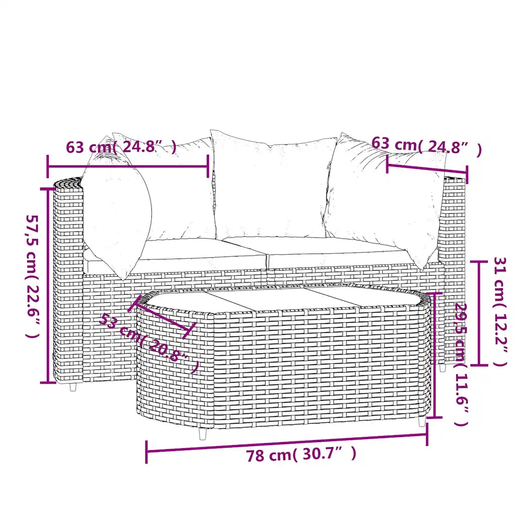 Set mobili da giardino in polirattan marrone con cuscini e tavolino rettangolare