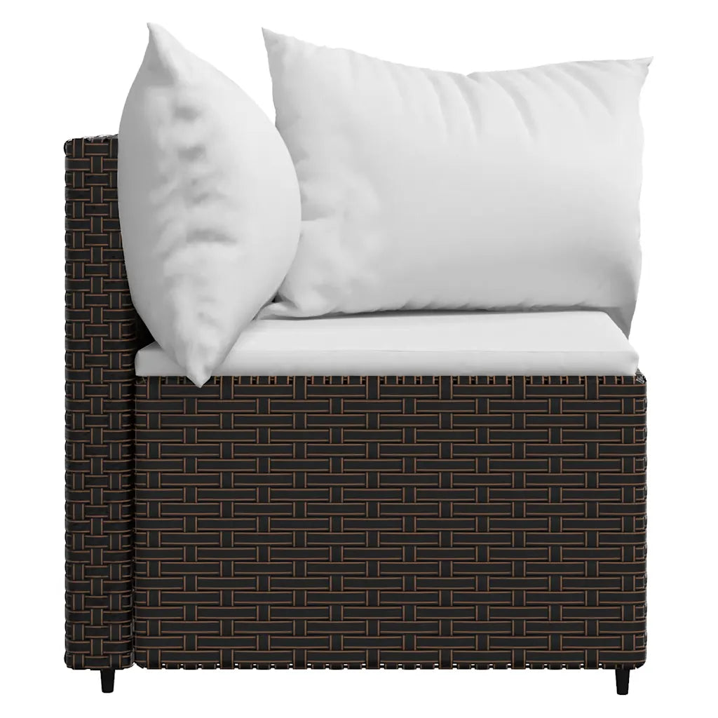 Divano da esterno in polyrattan intrecciato marrone con cuscino bianco e bracciolo curvo