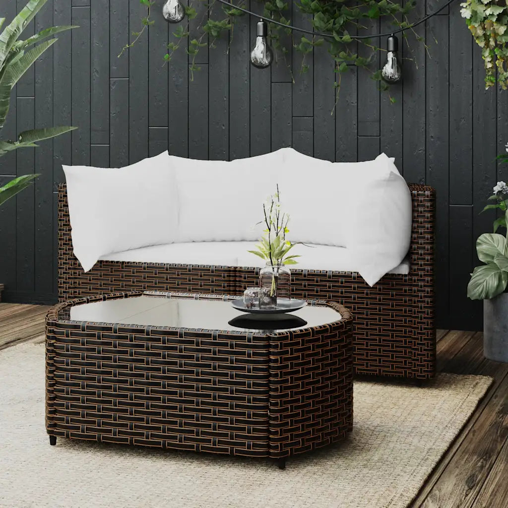 Set mobili da giardino in polyrattan intrecciato marrone con cuscini bianchi e tavolino