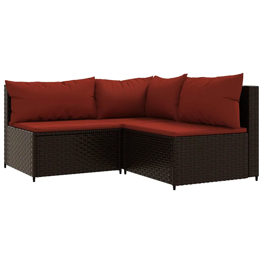 Divano angolare da esterno con rivestimento in polyrattan marrone e cuscini bordeaux