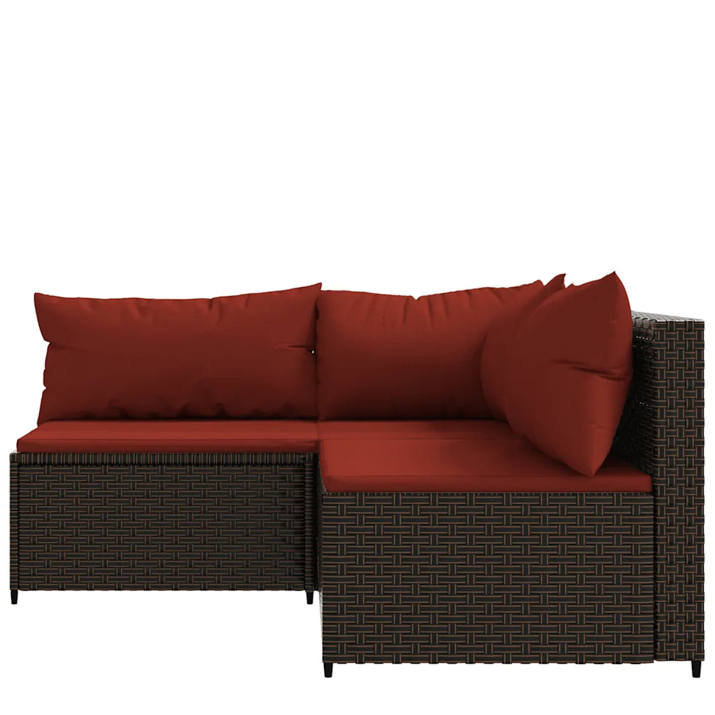 Divano angolare da esterno in polyrattan marrone con cuscini bordeaux, vista laterale