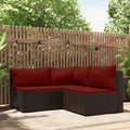 Divano angolare da esterno in polyrattan marrone con cuscini bordeaux, 3 posti