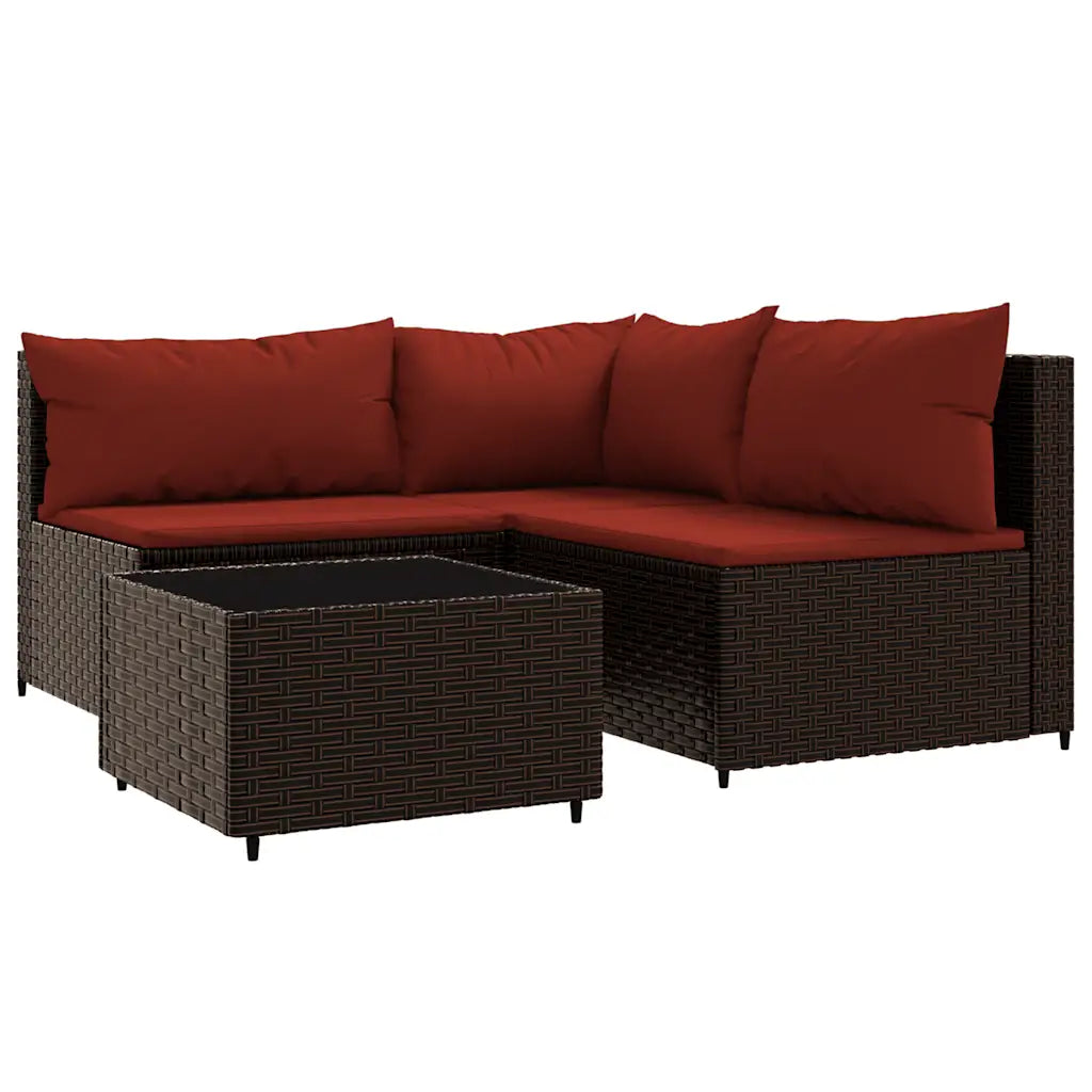 Set angolare da esterni in polyrattan scuro con cuscini rosso scuro e tavolino centrale