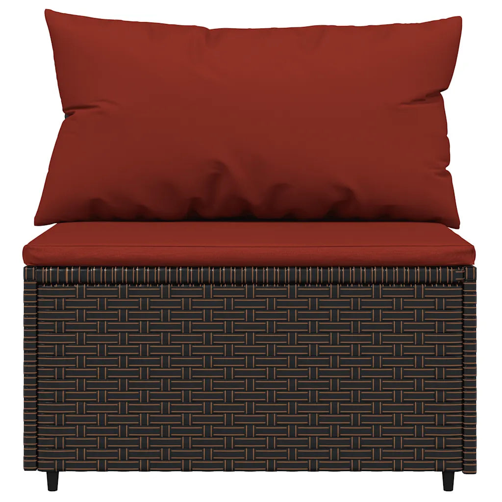 Set panca da giardino in polyrattan scuro con due cuscini rosso scuro e seduta imbottita