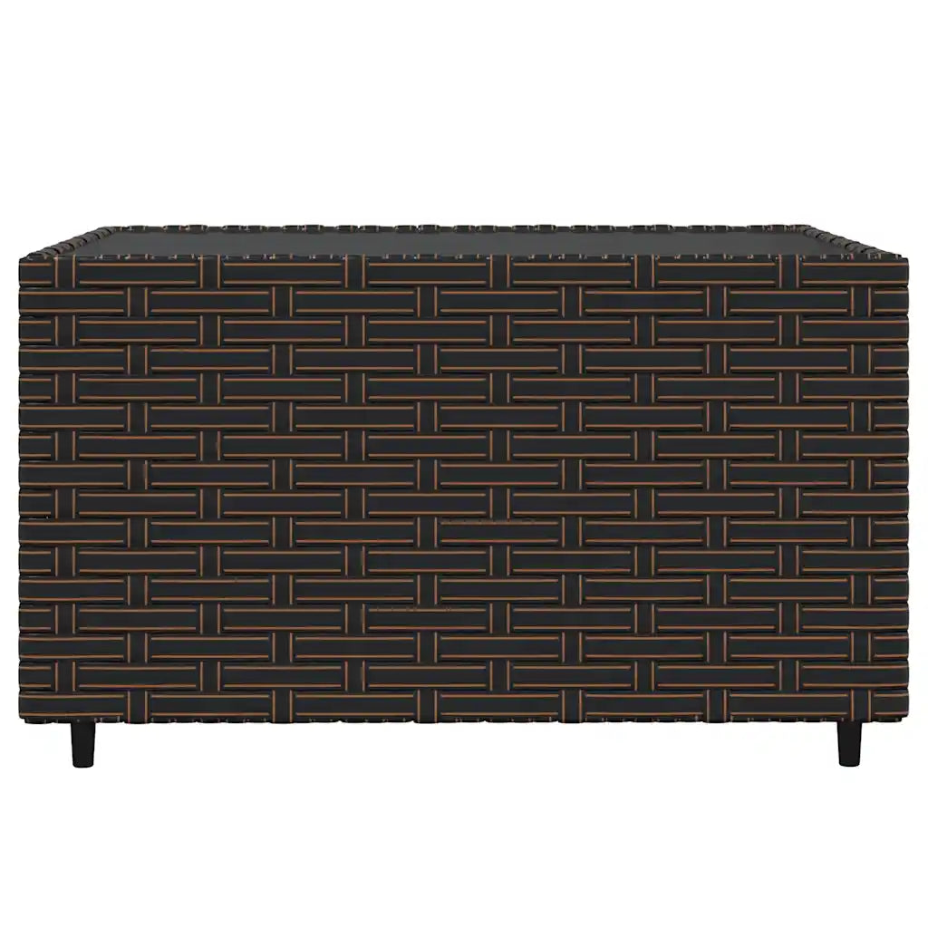 Lato del tavolino/cassapanca in polyrattan scuro con trama intrecciata e piedini