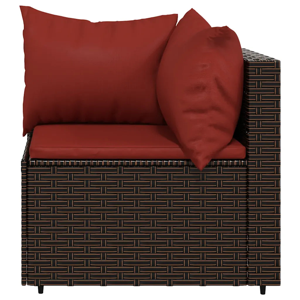 Angolo del divano da esterni in polyrattan scuro con cuscini rosso scuro