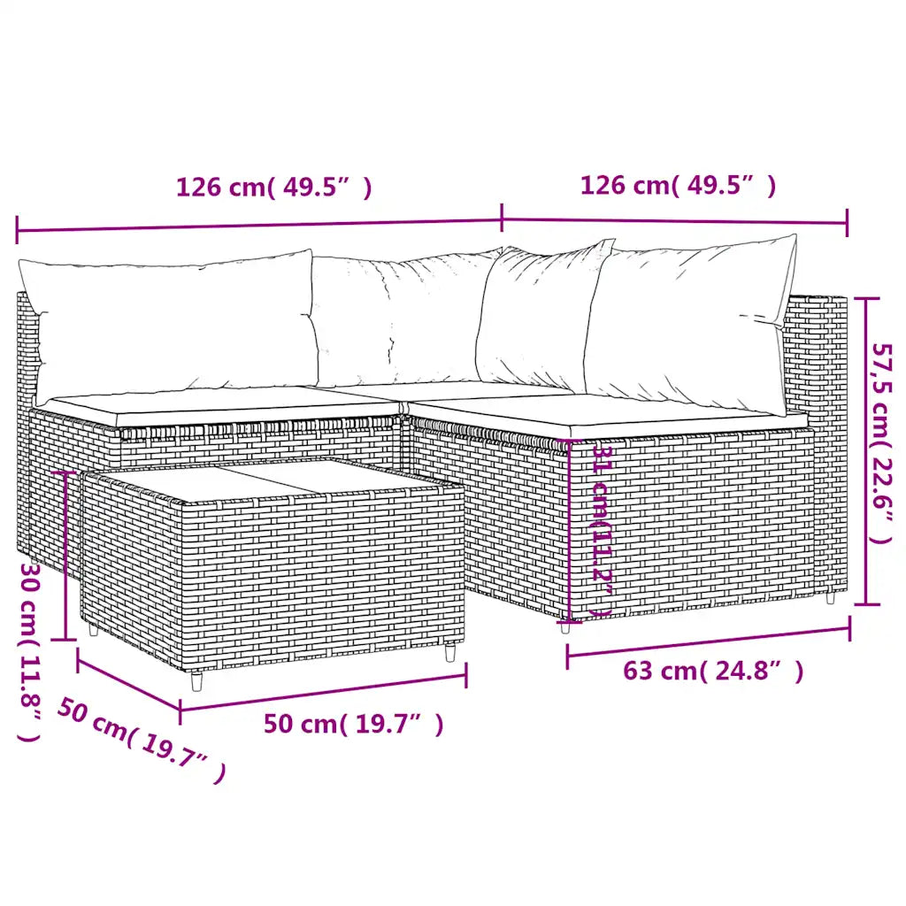 Schema misure set divano angolare da giardino in polyrattan con cuscini e tavolino
