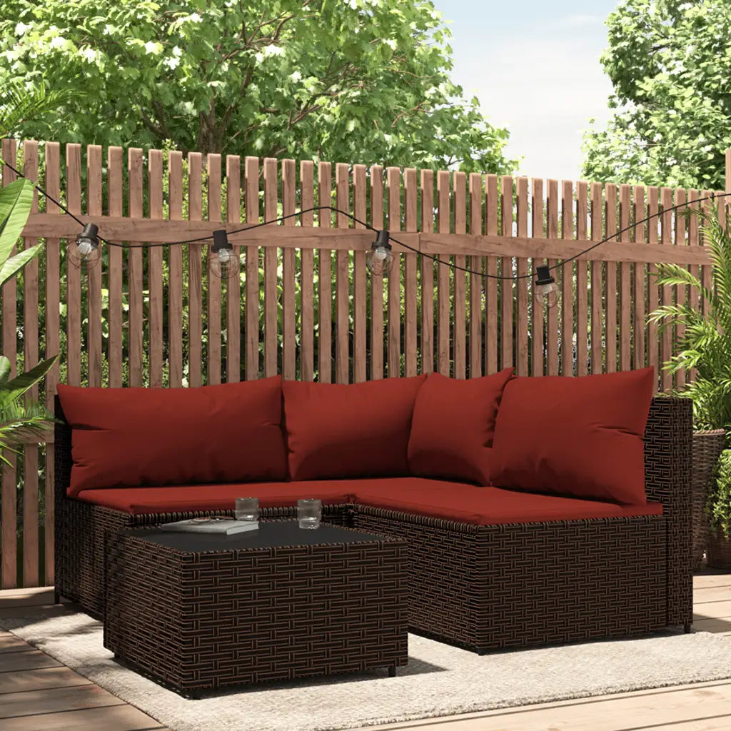 Set angolare da giardino in polyrattan scuro con cuscini rosso scuro e vano poggiaoggetti