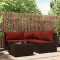 Set angolare da giardino in polyrattan scuro con cuscini rosso scuro e vano poggiaoggetti