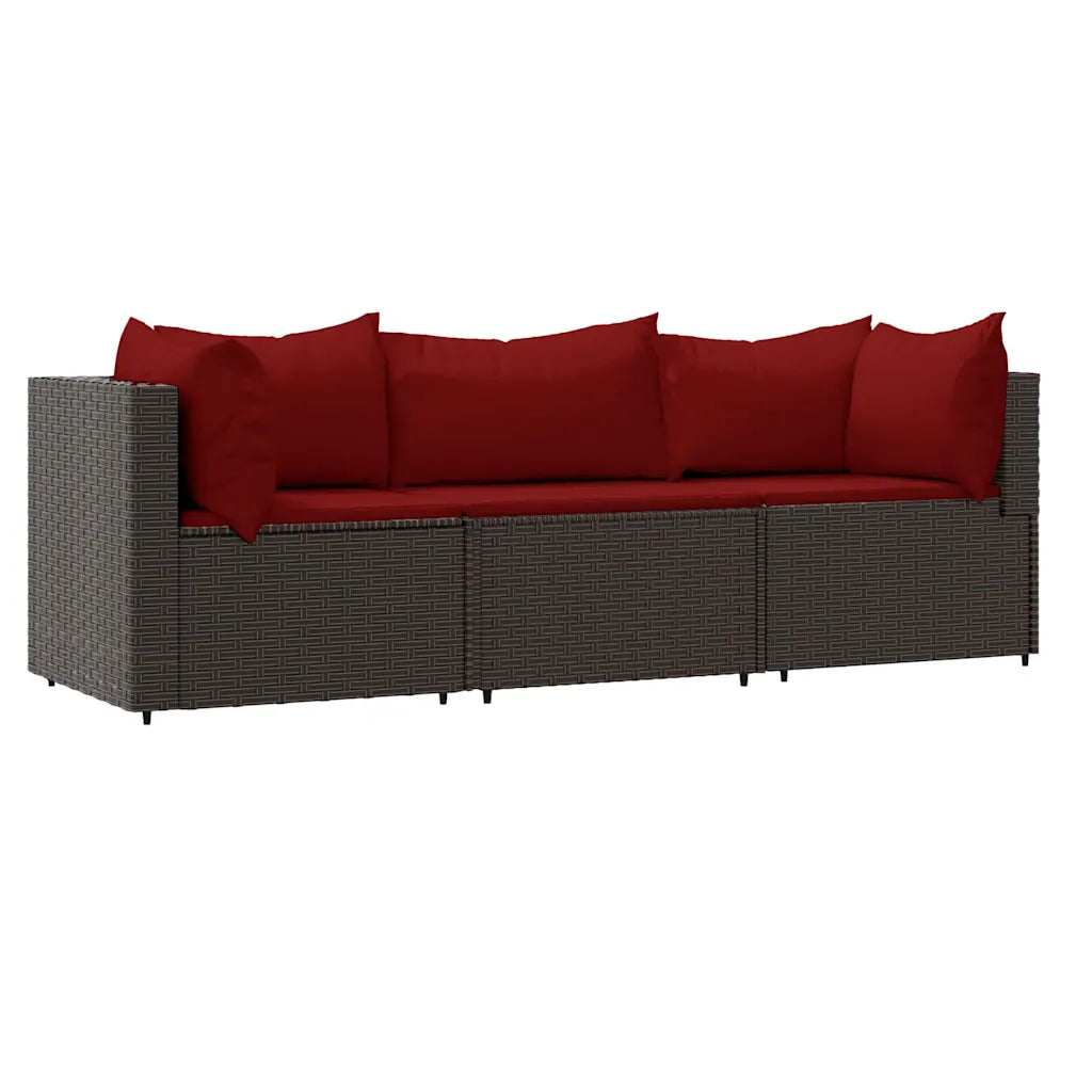 Set divano da giardino tre posti in polyrattan marrone con cuscini rossi