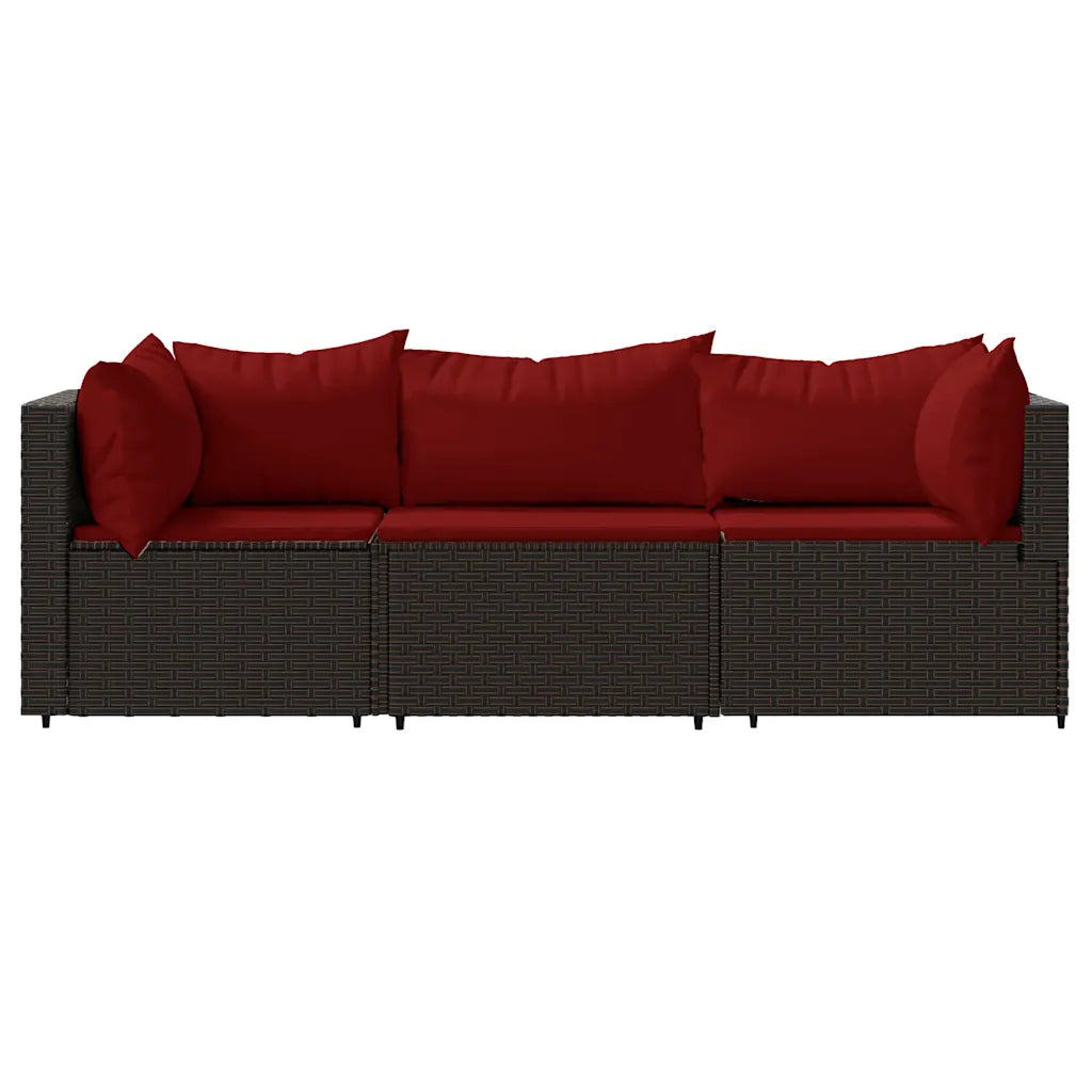 Set divano da giardino con cuscini rossi e polyrattan marrone, 3 posti