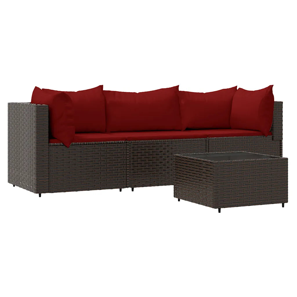 Set divanetto angolare da giardino in polyrattan marrone con cuscini rossi