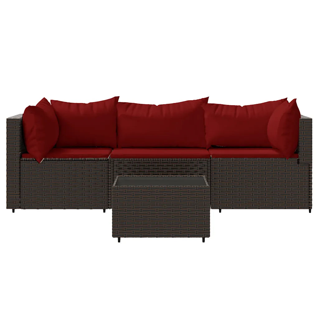 Set divanetto da esterno con chaise in polyrattan marrone e cuscini rossi