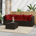 Set divanetto da esterno in polyrattan marrone con cuscini rossi e tavolino