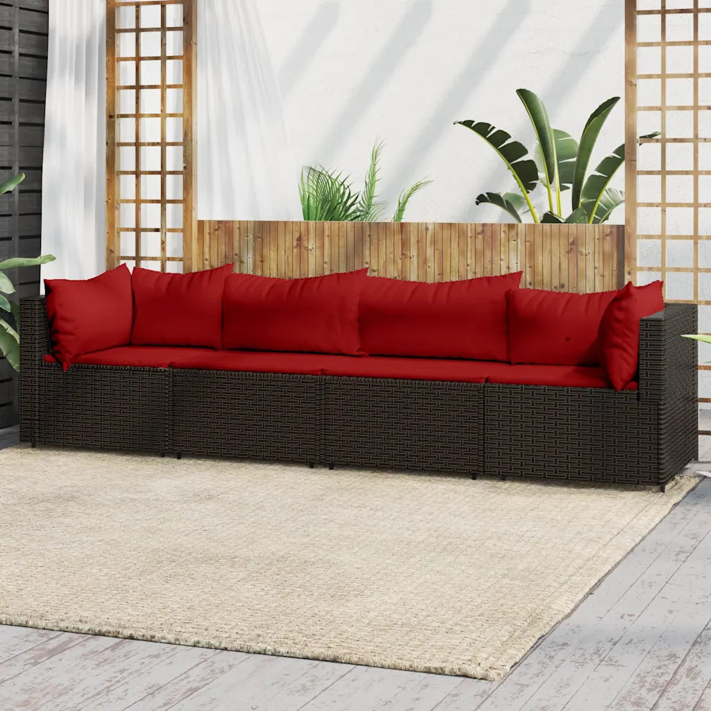 Divano da giardino in polyrattan marrone con cuscini rossi e schienali imbottiti