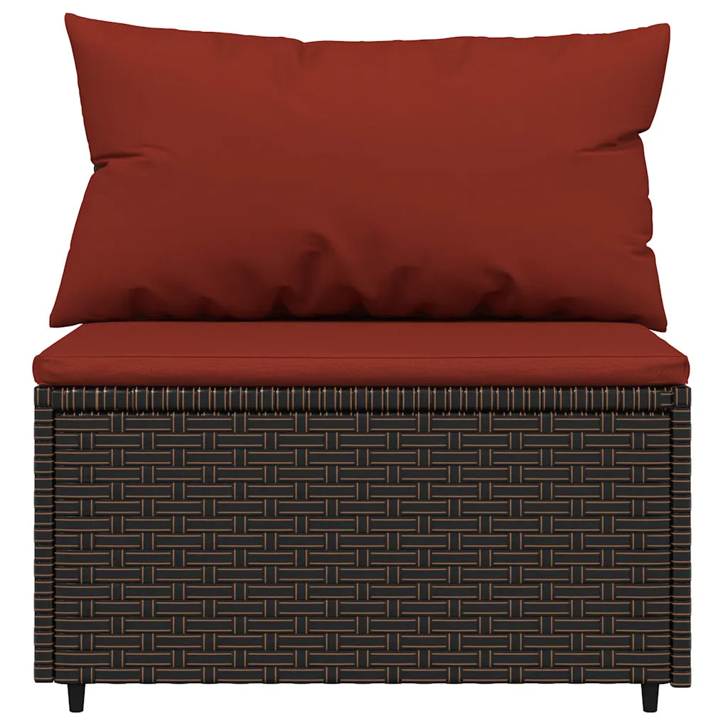 Divano da giardino con cuscino rosso e struttura in polyrattan marrone intrecciato