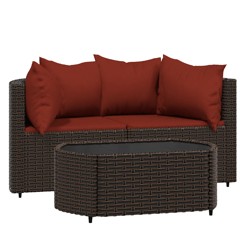 Divanetto da esterno in polyrattan marrone scuro con 4 cuscini rosso mattone