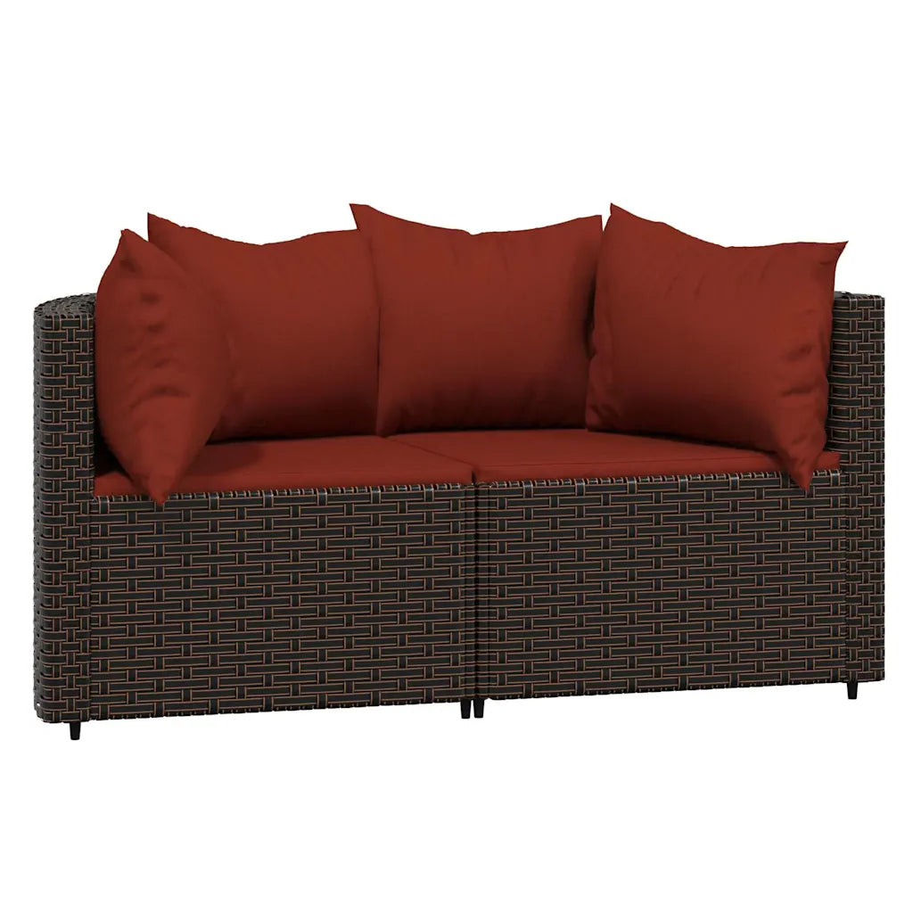 Divanetto rettangolare da esterno in polyrattan marrone scuro con cuscini rosso mattone