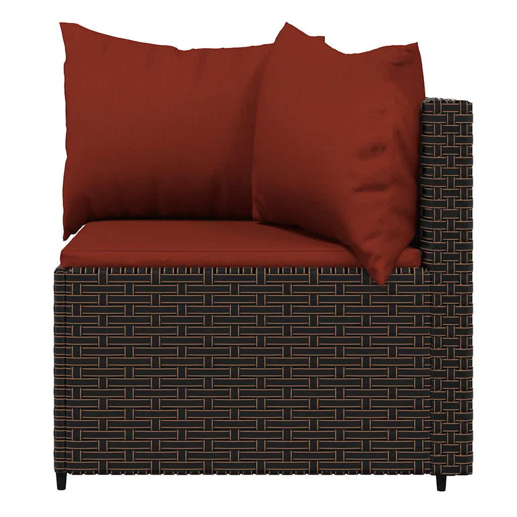 Divanetto da esterno in polyrattan marrone scuro con schienali e cuscini rosso mattone