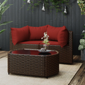 Set di mobili da giardino in polyrattan intrecciato marrone con cuscini rosso mattone
