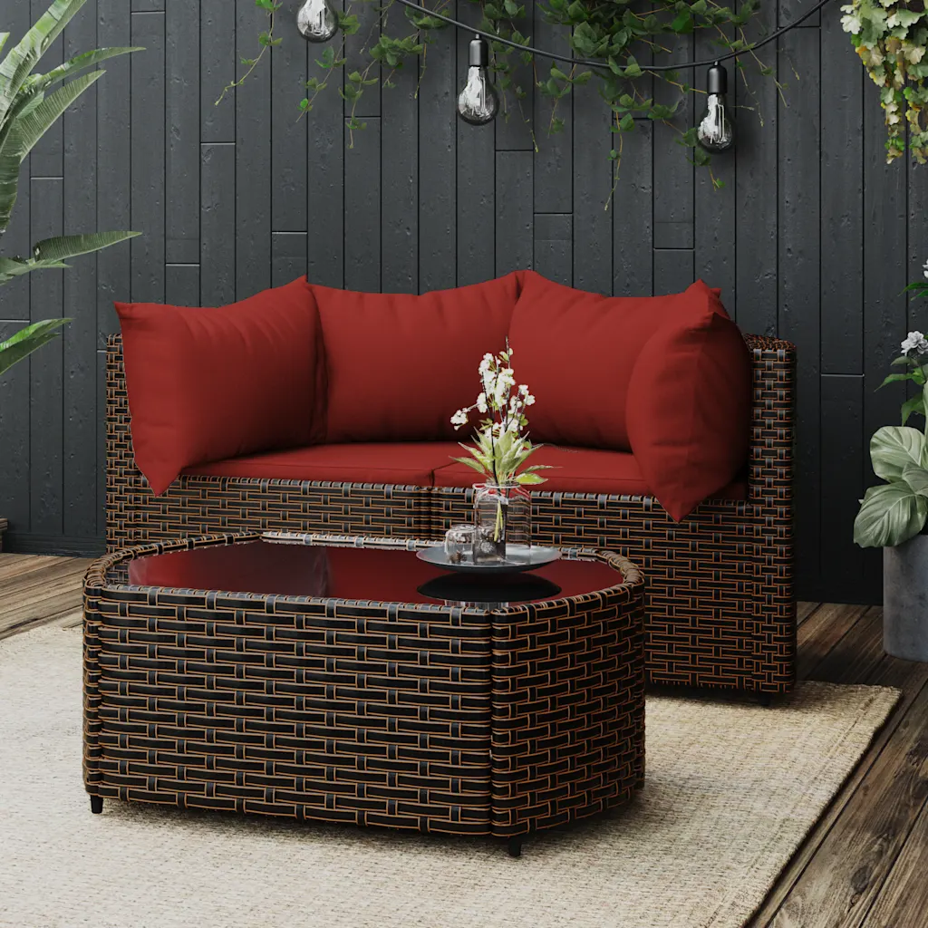 Set di mobili da giardino in polyrattan intrecciato marrone con cuscini rosso mattone