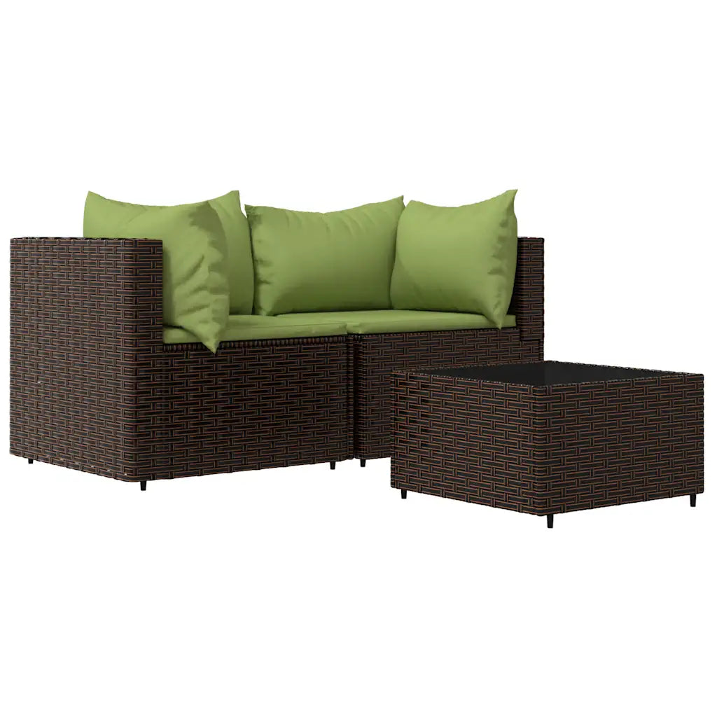 Divano da giardino componibile in polyrattan marrone con chaise e cuscini verdi