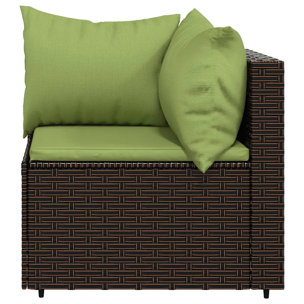 Poltrona da giardino in polyrattan marrone con cuscini verdi e cuscino laterale